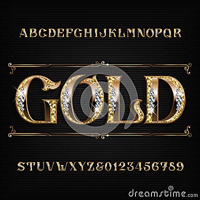 Ornate gold alphabet font. Jeweler golden letters and numbers with diamond gemstones. Vector Illustration