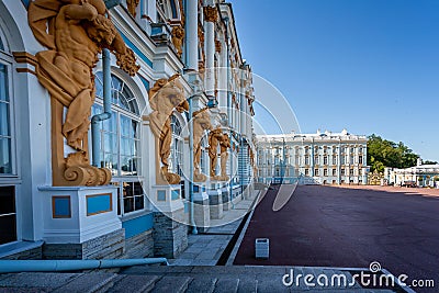 The ornate gold, blue and white exterior of Catherine`s Palace in Pushkin, St Petersburg, Russi Editorial Stock Photo