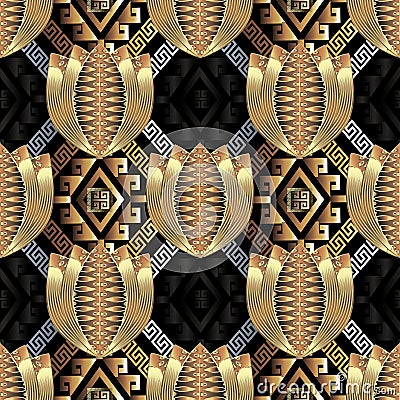 Ornate gold 3d floral greek vector seamless pattern. Ornamental geometric abstract background. Striped textured tulips flowers. Vector Illustration