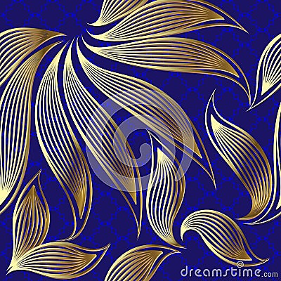 Ornate gold vintage 3d vector seamless pattern. Ornamental hand drawn line art floral ornament. Abstract blue textured lace Vector Illustration
