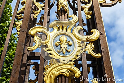 Ornate golden fence with fleur-de-lis at the Place de la Carriere square in Nancy, France, Europe Stock Photo