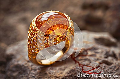 Ornate golden ring with amber gemstone Stock Photo