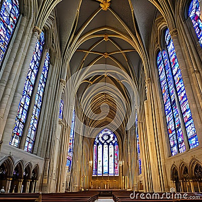 An ornate, Gothic cathedral interior with stained glass windows1, Generative AI Stock Photo