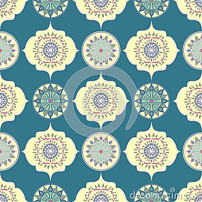 Ornate, Highly Decorative Vector Repeat Pattern In Teal Blue And Lemon Yellow Vector Illustration