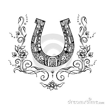 Ornate horseshoe with flowers and flourishes around, sketchy ink hand drawn design element. Grungy tattoo, zentangle style symbol Vector Illustration