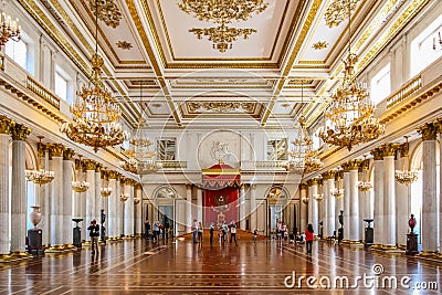 Ornate interior of the imperial throne room in the State Hermitage museum of art and culture in Saint Petersburg, Russia Editorial Stock Photo