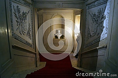 Ornate interiors of the Ajuda Palace, the Grand Stairs, Lisbon, Portugal Editorial Stock Photo