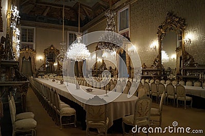 Ornate interiors of the Ajuda Palace, the State Dining Room, Lisbon, Portugal Editorial Stock Photo