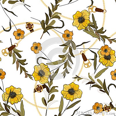 Ornate jewelry decorative accessory and sketched green leavesor foliage and yellow flowers, botanical seamless pattern. Realistic Vector Illustration