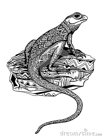 Ornate lizard with ethnic pattern in black and white graphic sty Vector Illustration