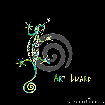 Ornate lizard green isolated on black for your design Vector Illustration