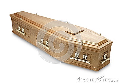 Ornate mahogany coffin casket with brass handles Stock Photo