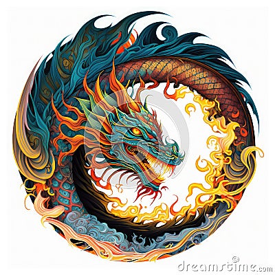 Ornate mandala of a fire-breathing dragon graphic image on a white background. Generative AI. Cartoon Illustration