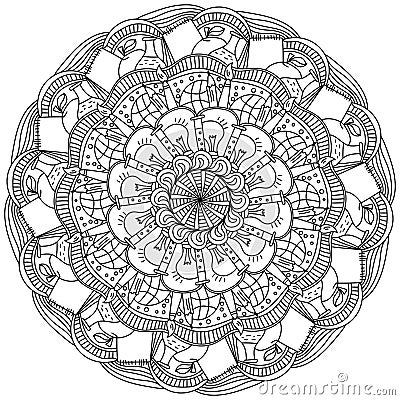 Ornate mandala on the theme of education and science, coloring page with doodle swirls and patterns Vector Illustration