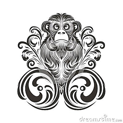 Ornate Monkey Icon, Monkey Portrait Isolated, Chinese Horoscope Minimal Symbol on White Background Stock Photo