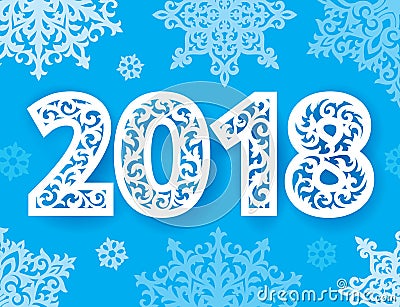 Ornate new 2018 year numbers for laser cutting with pattern of snowflakes. Cutout paperwork. Laser cut plastic or wood Vector Illustration