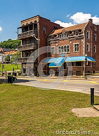 Ornate old buildings opposite the railway station in Grafton WV Editorial Stock Photo