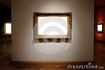 Ornate Picture Frames Art Gallery Museum Exhibit Blank White Isolated Clipping Path in gallery Stock Photo