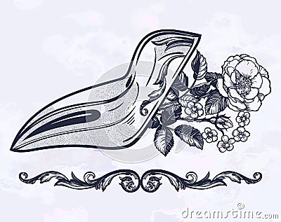 Plague doctor mask with wild rose. Vector tattoo. Medieval gothic venetian mask. Vector Illustration