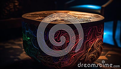 Ornate pottery bowl illuminated in blue and yellow generated by AI Stock Photo