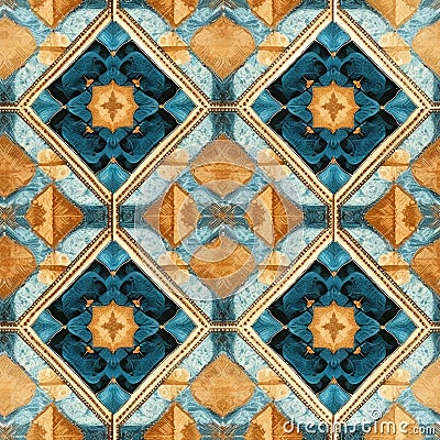 An ornate quilt-inspired seamless pattern featuring geometric shapes and a cool blue and warm gold color palette Stock Photo