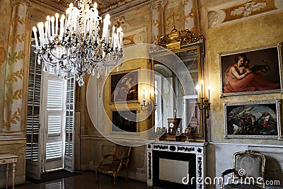 Ornate Room and Chandelier, Palazzo Stefano Balbi - Palazzo Reale, Via Balbi, Genoa, Italy Editorial Stock Photo