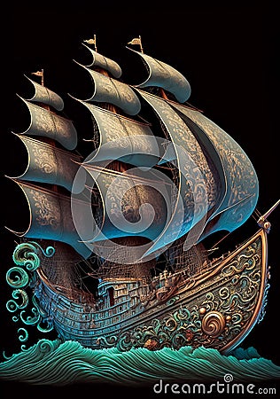 Ornate sailing frigate on a dark background, digital illustration Cartoon Illustration