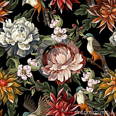 Ornate seamless pattern with vintage peonies, roses and birds. Vector. Vector Illustration