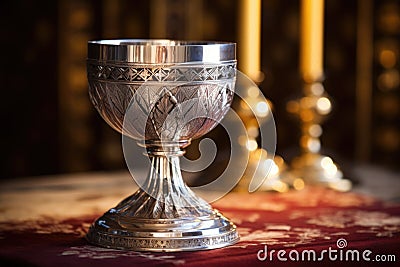 an ornate silver chalice and paten on an altar Stock Photo