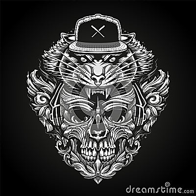 Ornate Skull in Headphones and Tiger Head in Snapback Vector Illustration