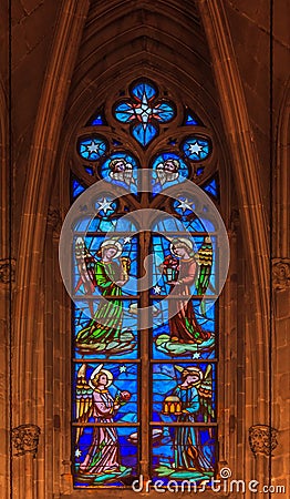 Ornate stained glass in the windows of the Cathedral of the Holy Editorial Stock Photo