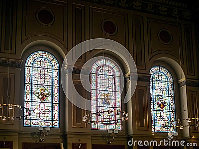 Ornate stained glass windows of the Sankt Ansgars Kirke Editorial Stock Photo