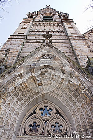 Ornate Stone Christian Church Tower Stock Photo