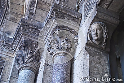 Ornate Stone Columns in Ancient Church Stock Photo