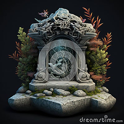 Ornate stone podium in a tranquil sea rock garden with coral AI generation Stock Photo