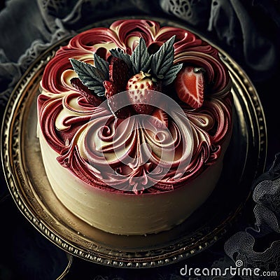 Ornate strawberry mascarpone cheesecake, food photography, generative AI Cartoon Illustration