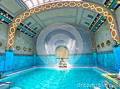 Ornate tiled hall of thermal pool of Gellert Spa Baths, on Feb 24 in Budapest, Hungary Editorial Stock Photo