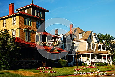 Ornate Victorian homes line the street along the Jersey Shore Editorial Stock Photo