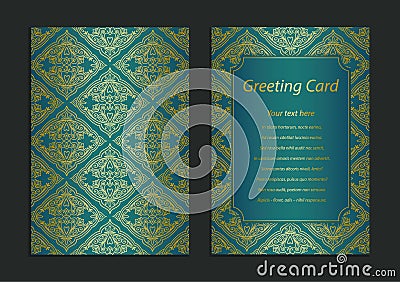 Ornate vintage cards. Golden decor. Template frame for save the date and greeting card, wedding invitation, certificate, leaflet, Stock Photo