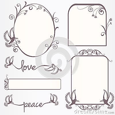 Ornate vintage frame set with doves Vector Illustration