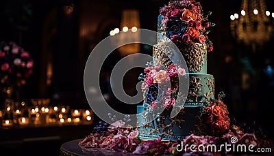 Ornate wedding cake with chocolate icing and strawberry bouquet decoration generated by AI Stock Photo