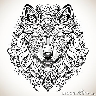 Ornate Wolf Head Doodle With Zen-inspired Multilayered Designs Stock Photo