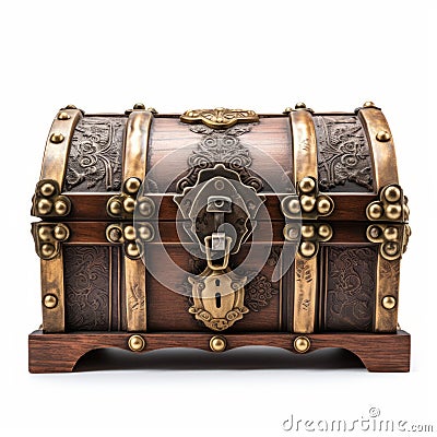 Ornate Wooden Treasure Chest With Gold Locks And Handles - High Resolution Stock Photo