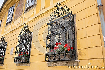 Ornate wrought iron window shutters Stock Photo