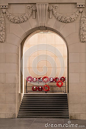 Portico with wreaths at the Menin Gate memorial, Ypres in Belgium Editorial Stock Photo