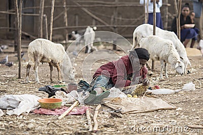 Ethiopian woman making baskets. Editorial Stock Photo