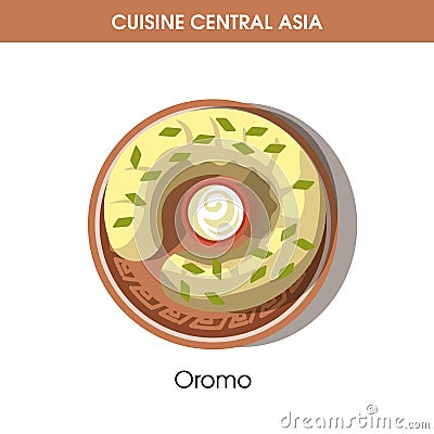 Oromo dish with bowl of sauce from Central Asian cuisine Vector Illustration