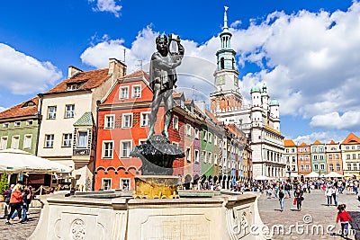 Orpheus statue on the colorful main square in the city centre. Poznan, Poland - August 20, 2014 Editorial Stock Photo