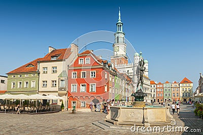 Orpheus statue and Town Hall on old market square, Poznan, Poland Editorial Stock Photo