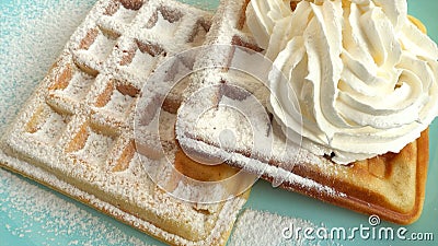 Ð¡orrugated waffles, sprinkled with icing sugar and decorated with cream Cartoon Illustration